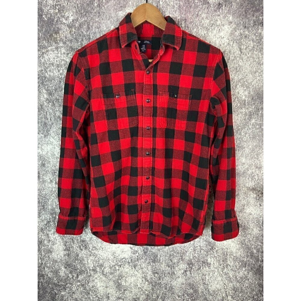 Gap Standard Fit Black Red Button Down Casual‎ Flannel Shirt Mens XS
